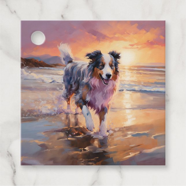 Étiquettes Cadeau Sandy Australian Shepherd Dog on Beach Sunset (Devant)