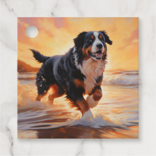 Étiquettes Cadeau Sandy Paws Bernese Mountain Dog on Beach Sunset