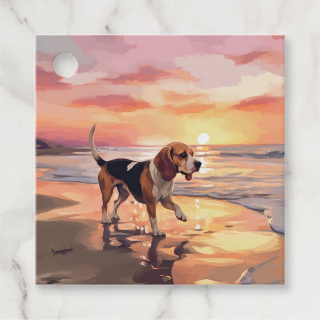Étiquettes Cadeau Sandy Paws Chien Beagle sur le coucher du soleil d (Devant)