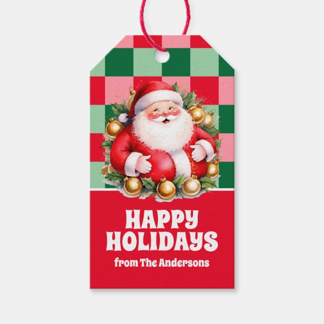 Étiquettes-cadeau Santa Claus Tartan Rétro Noël Plaid (Devant)