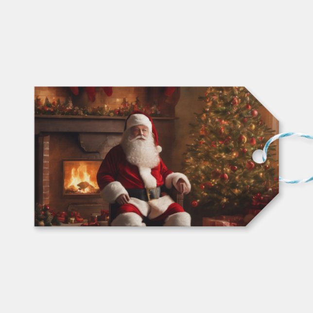 Étiquettes-cadeau Santa Clause avec arbre de Noël et foyer (Devant (Horizontal))