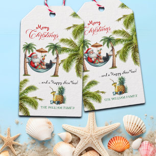Étiquettes-cadeau Santa sur une île tropicale Noël