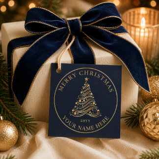 Étiquettes Cadeau Sapin de Noël en or élégant Cadeau de fêtes bleu m