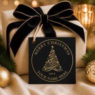 Étiquettes Cadeau Sapin de Noël en or élégant Cadeau de fêtes noir