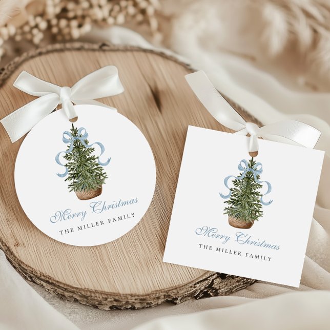Étiquettes Cadeau Sapin de Noël Nœud Prépa Bleu Noël (Créateur téléchargé)