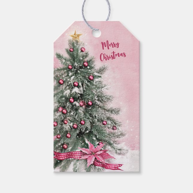 Étiquettes-cadeau Sapin de Noël sur fond rose  (Devant)