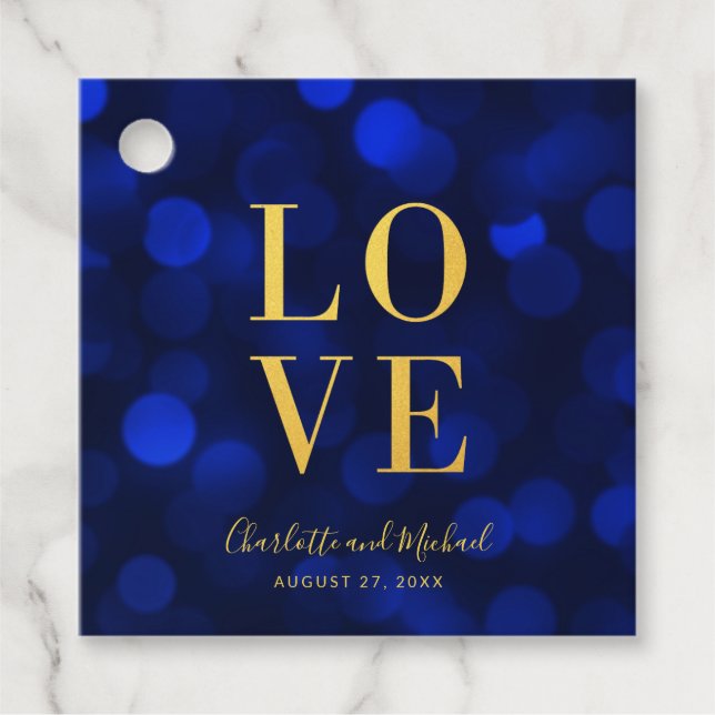 Étiquettes Cadeau Sapphire Blue Bokeh Lights Faux Gold Love (Devant)