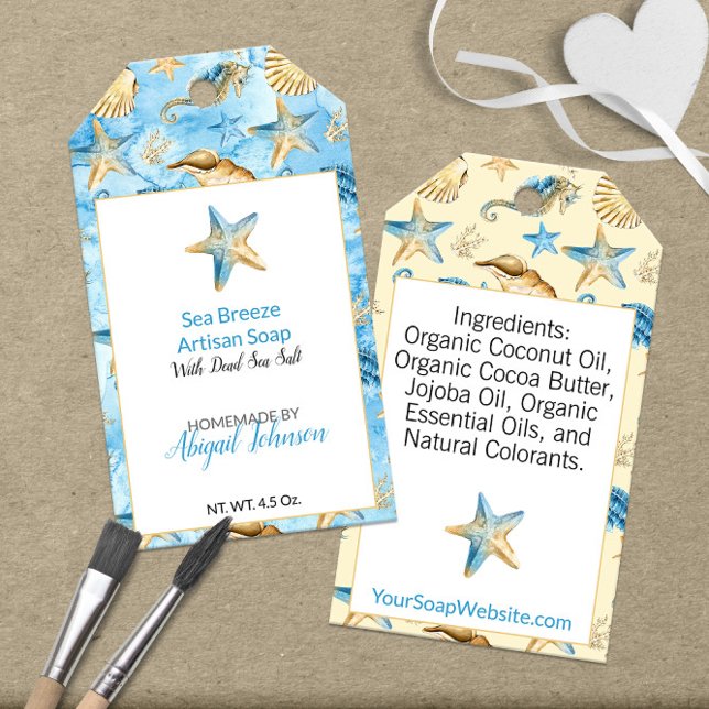Étiquettes-cadeau Savon thème coquillages & étoiles de mer à l'aquar (Watercolor Shells & Starfish 🌊 Beach Theme Soap Gift Tags
)