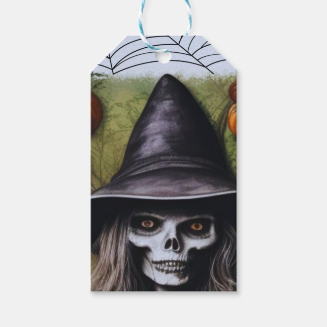 Étiquettes-cadeau Scary Skeleton Witch pour une fête d'Halloween Dép (Devant)