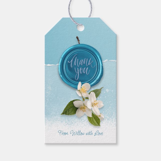 Étiquettes-cadeau Sceau Bleu avec Fleurs Blanches Merci (Devant)