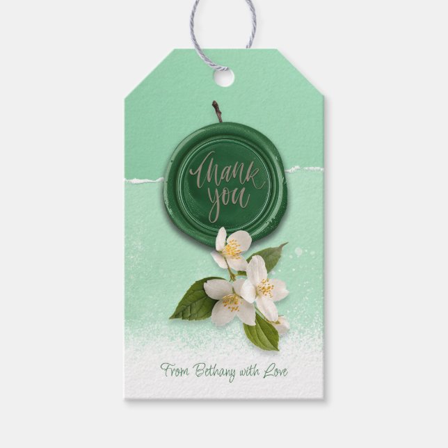 Étiquettes-cadeau Sceau Vert avec Fleurs Blanches Merci (Devant)