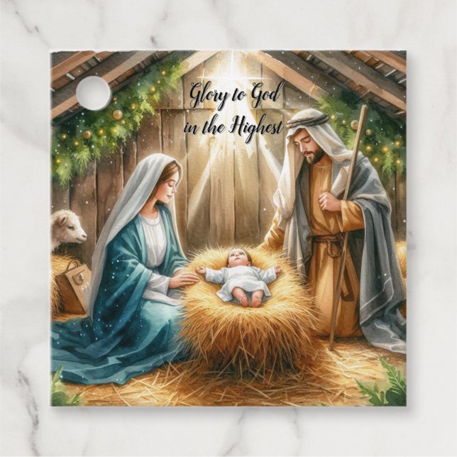 Étiquettes Cadeau Scène de la crèche de Noël rustique (Devant)