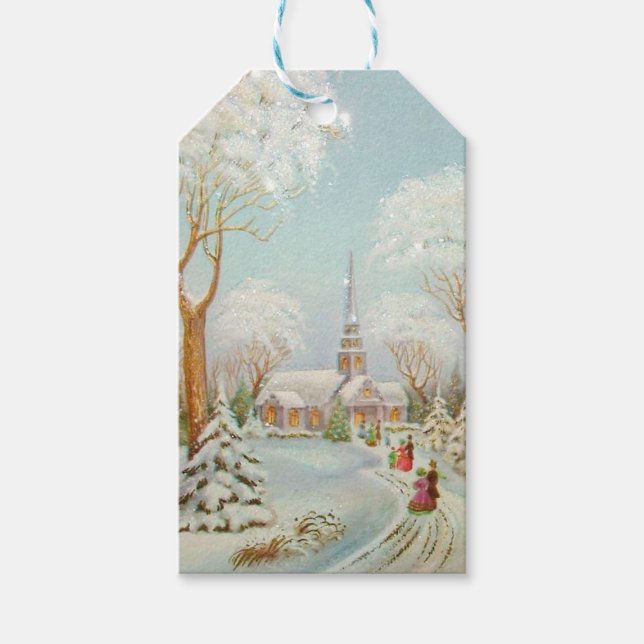 Étiquettes-cadeau Scène de l'église de Noël (Devant)
