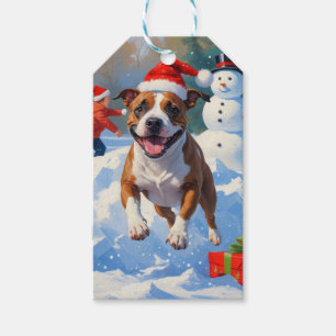 Étiquettes-cadeau Scène de neige festive de Noël avec un Bull Terrie