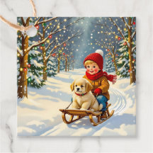 Scène de Noël vintage, garçon sur luge avec chiot