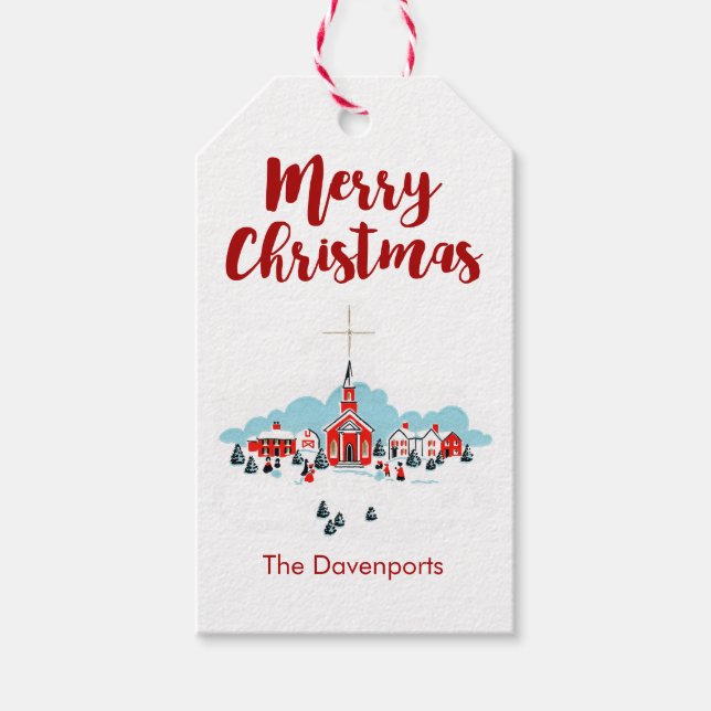Étiquettes-cadeau Scène d'hiver avec une église rouge et l'étoile de (Devant)