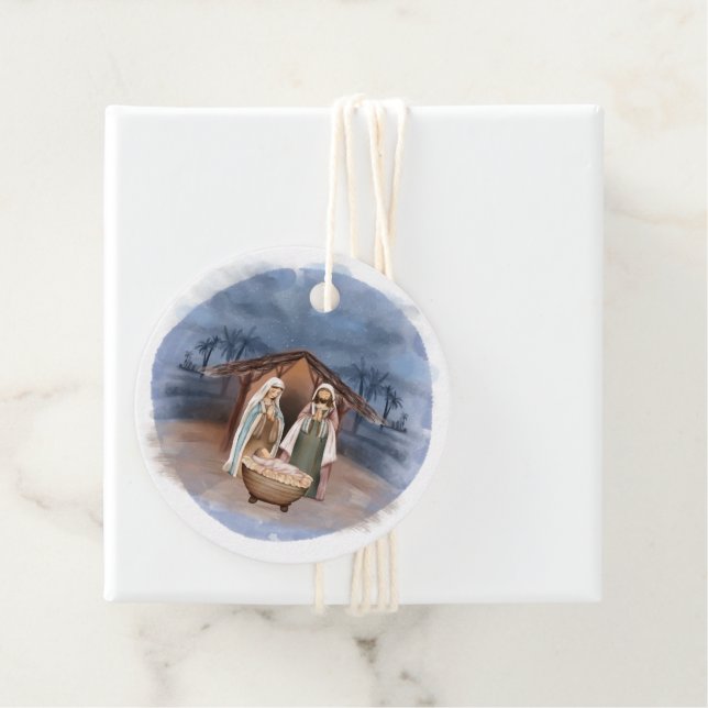 Étiquettes Cadeau Scène religieuse de la Nativité de Noël (En situation)