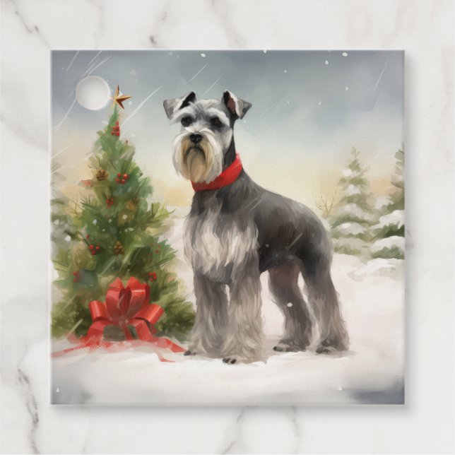 Étiquettes Cadeau Schnauzer Chien à Noël de neige (Devant)