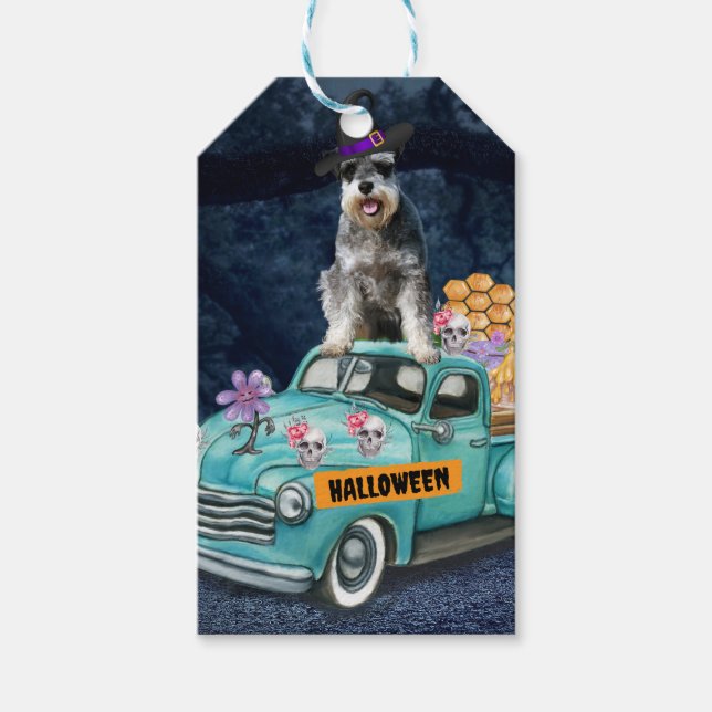 Étiquettes-cadeau Schnauzer Chien Halloween Camion Effrayant nuit (Devant)
