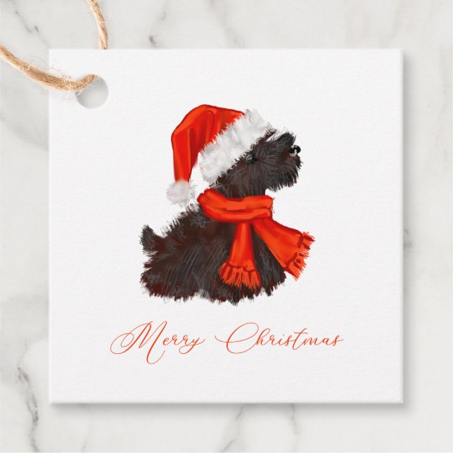 Étiquettes Cadeau Scottish Terrier avec Santa Hat & Scarf (Devant)