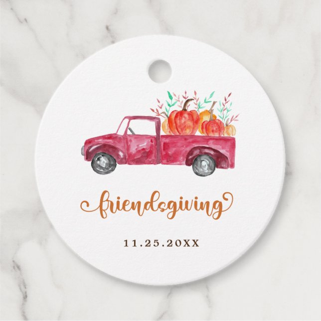 Étiquettes Cadeau Script Citrouille de Camion Friendsgiving Red Pick (Devant)