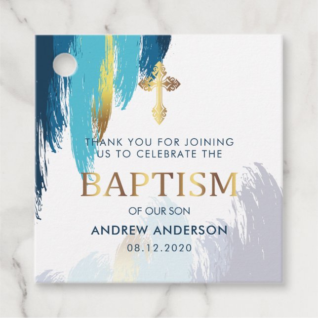 Étiquettes Cadeau Script de brosse moderne Or & Merci bleu Baptême (Devant)