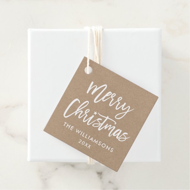 Étiquettes Cadeau Script de Brush moderne Noël Star Kraft Carré (En situation)