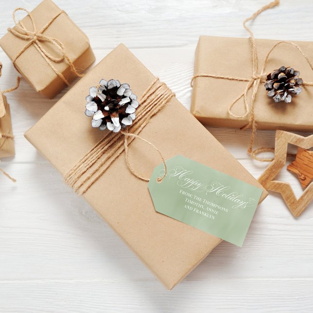 Étiquettes-cadeau Script de calligraphie Green Happy Holidays (Happy Holidays light green watercolor gift tag. )