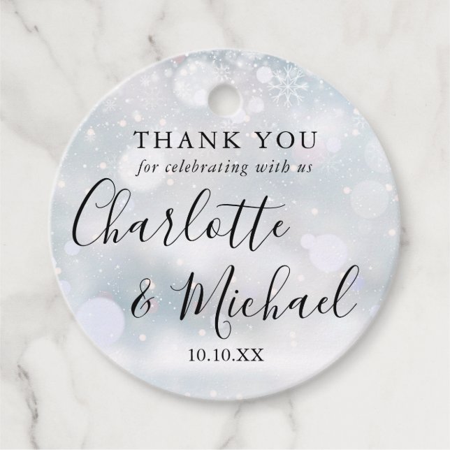 Étiquettes Cadeau Script de flocons de neige d'hiver Mariage Merci (Devant)