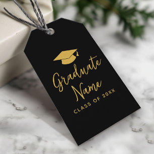 Étiquettes-cadeau Script Grad Name avec Casquette - Graduation Black