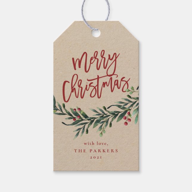 Étiquettes-cadeau Script joyeux Noël succursale avec baies cadeau à (Devant)