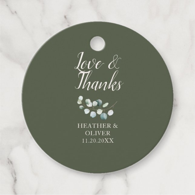 Étiquettes Cadeau Script Love et Remerciements Mariage Eucalyptus (Devant)