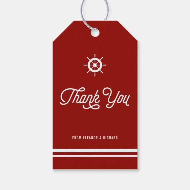 Étiquettes-cadeau Script Merci marin rouge avec Helm (Devant)