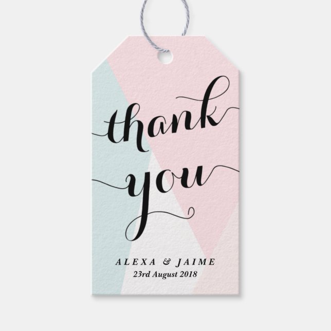 Étiquettes-cadeau Script Merci | Motif géométrique rose et bleu (Devant)