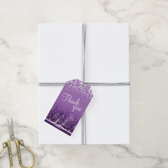 Étiquettes-cadeau Script merci neige blanche et arbres violets art (Avec de la ficelle)