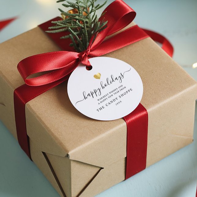 Étiquettes Cadeau Script moderne Gold Heart Happy Holiday Business (Créateur téléchargé)
