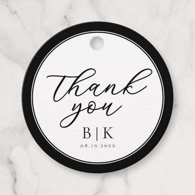 Étiquettes Cadeau Script moderne Mariage frontière noir et blanc (Devant)