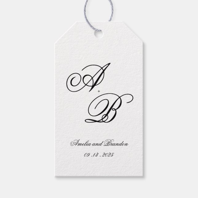 Étiquettes-cadeau Script Monogramme classique Mariage noir et blanc (Devant)