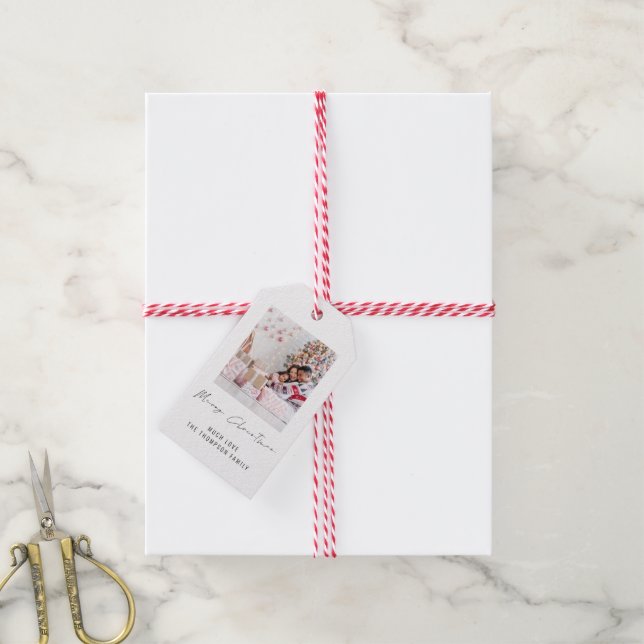 Étiquettes-cadeau Script photo moderne Joyeux Noël (Avec de la ficelle)
