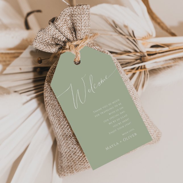 Étiquettes-cadeau Script Whimsical | Bienvenue du Mariage vert Sage (Créateur téléchargé)