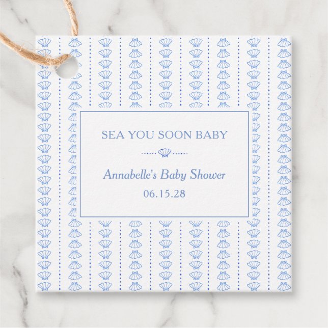 Étiquettes Cadeau Sea You Soon Baby! Blue Coastal Beach Baby Shower (Devant)