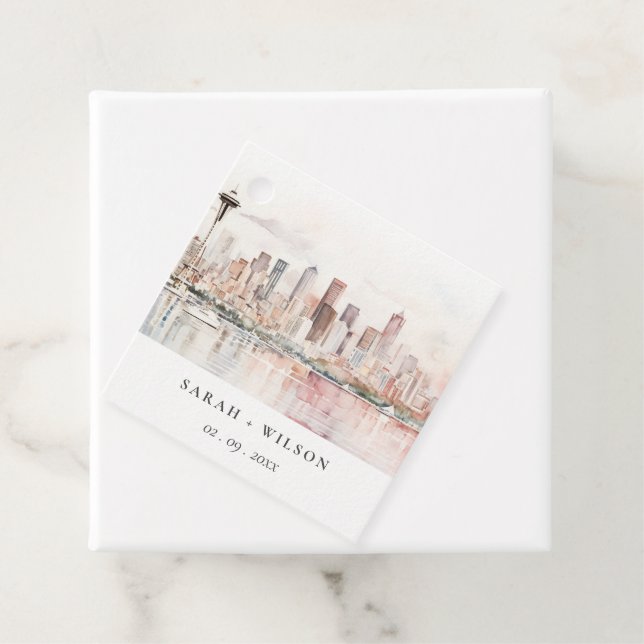 Étiquettes Cadeau Seattle, Washington Watercolor Landscape Wedding (En situation)