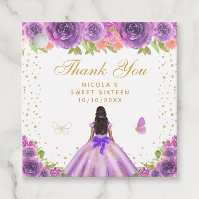 Étiquettes Cadeau Seize ans Princesse Fleur Violette Peau Foncée (Devant)