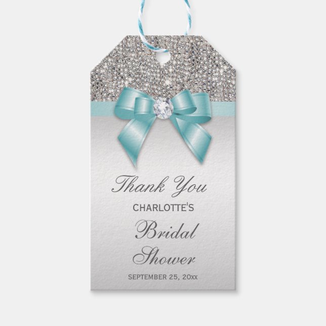 Étiquettes-cadeau Séquences d'argent Fête des mariées Turquoise Bow  (Devant)