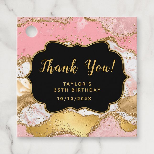 Étiquettes Cadeau Séquins or et rose Agate Anniversaire Merci (Devant)