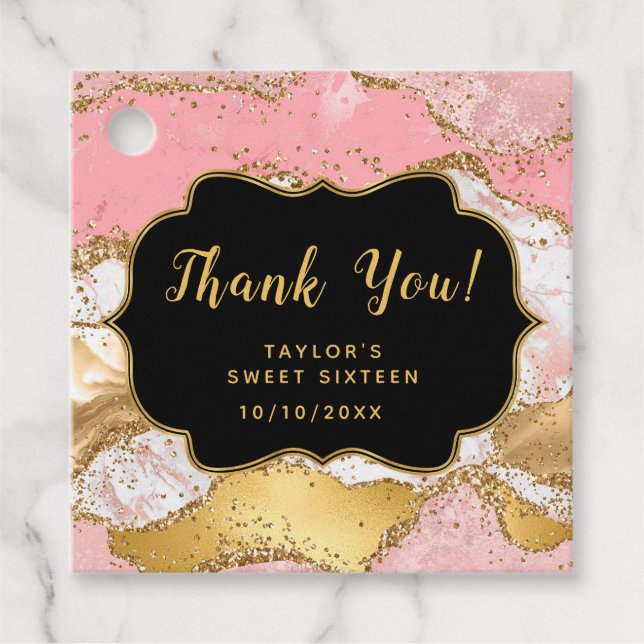 Étiquettes Cadeau Séquins rose or Agate Sweet sixteen Merci (Devant)