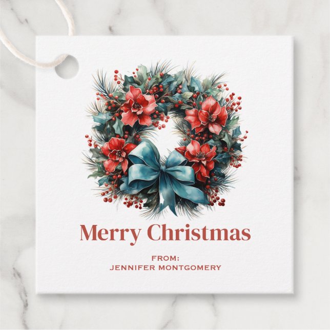 Étiquettes Cadeau Serre de pin avec Noël Holly Festif (Devant)