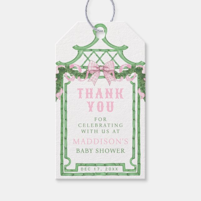 Étiquettes-cadeau Serre preppée avec En vichy rose | Baby shower (Devant)