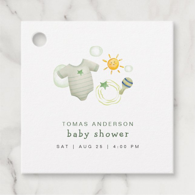 Étiquettes Cadeau Sexe Neutre Sage Vert Vêtements bébé Jouets Douche (Devant)