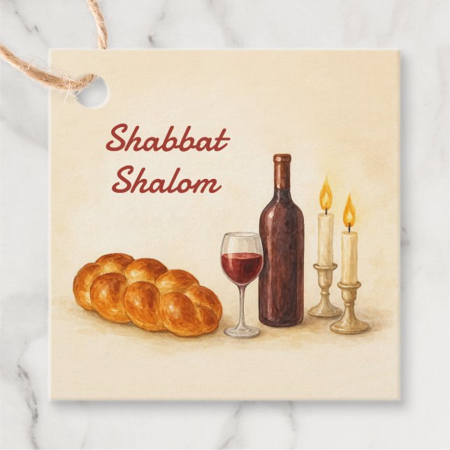 Étiquettes Cadeau Shabbat Shalom Watercolor Challah, Wine & Candles  (Devant)
